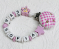 Preview: Schnullerkette Holz *Karo & Glitzersterne rosa-weiss* mit Namen
