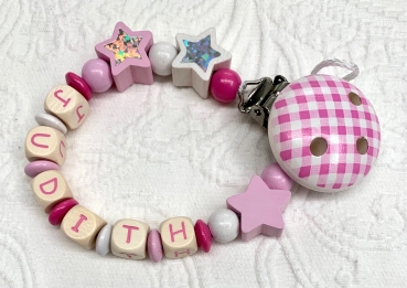 Schnullerkette Holz *Karo & Glitzersterne rosa-weiss* mit Namen
