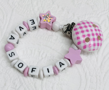 Schnullerkette Holz *Karo & Glitzersterne rosa-weiss* mit Namen