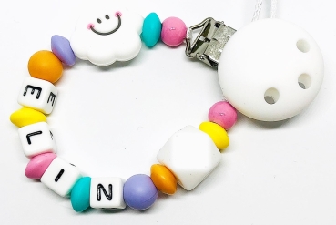 Schnullerkette Silikon *Wolke weiss-bunt* mit Namen