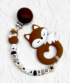 Beisskette Silikon *Sleepy Fox braun-natur* mit Namen