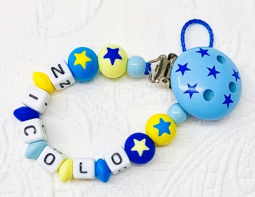 Schnullerkette Silikon *Stars babyblau-gelb* mit Namen