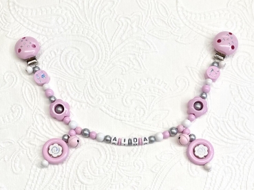 Wagenkette Holz *Flowers & i love Mom/ Dad rosa-silber* mit Namen