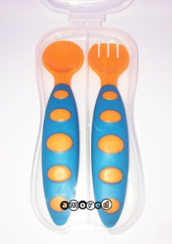 Preview: Besteck-Set im Böxli skyblau-orange *Leandro*
