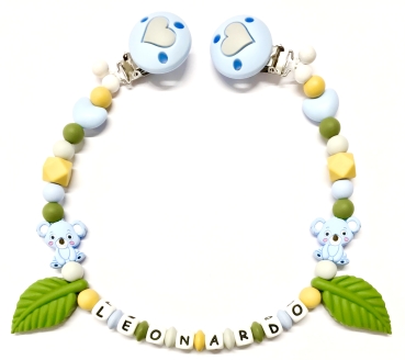 Wagenkette Silikon *Koala & Blätter pastellblau-army* mit Namen