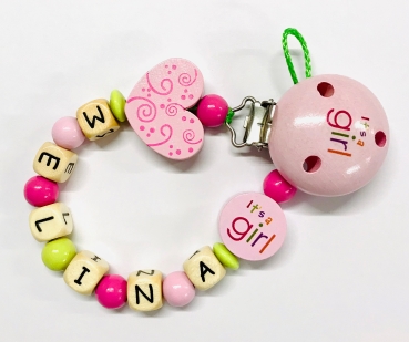 Schnullerkette Holz *It‘s a girl rosa-lemon* mit Namen