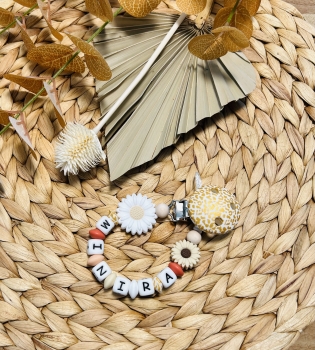 Schnullerkette Silikon *Leo & Flowers weiss-marroni* mit Namen