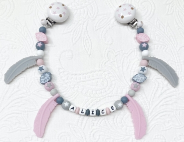 Wagenkette Silikon *Federn & Stars Pastellrosa-hellgrau* mit Namen