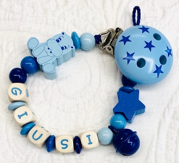 Schnullerkette Holz *Hippo & Sterne blau-babyblau* mit Namen