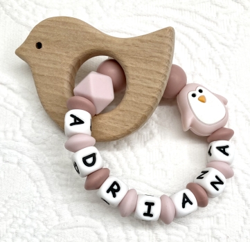 Greifling Naturholz *Birdie pastellrosa-blush* mit/ ohne Namen