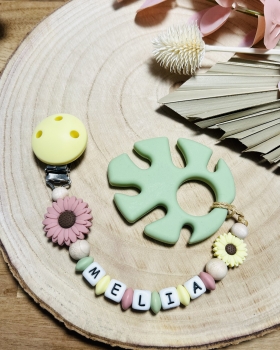 Beisskette Silikon *Blatt Tropical Aloe vera-blush* mit Namen