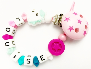 Schnullerkette Silikon *Einhorn & Sterne mint-pink* mit Namen