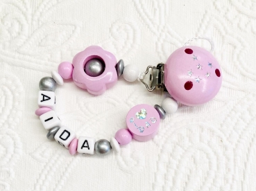 Schnullerkette Holz *Sterne & I love Mom/Dad rosa-silber* mit Namen