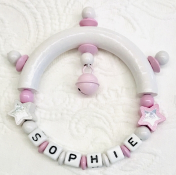 Greifling Holz *Glitzersterne weiss-rosa* mit Namen