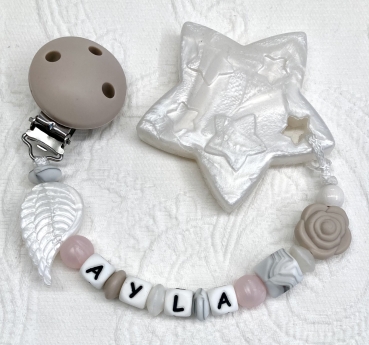 Beisskette Silikon *Star weiss metallic- puderrosa* mit Namen