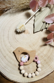 Greifling Naturholz *Birdie pastellrosa-blush* mit/ ohne Namen
