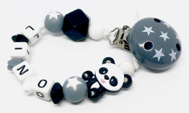 Schnullerkette Silikon *Panda & Stars grau-schwarz* mit Namen