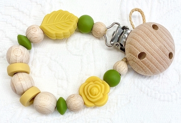 Schnullerkette Naturholz *Rose & Blatt senfgelb-army* ohne Namen