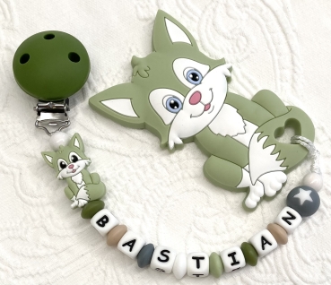 Beisskette Silikon *Cutie Fox Aloe vera-army* mit Namen