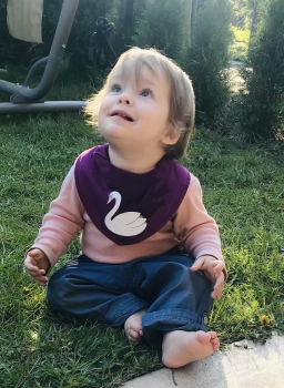 Pippi Lätzli bedruckt purpur *Schwan weiss* mehrfarbig