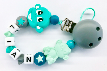 Schnullerkette Silikon *Affe & Stars mint-helltürkis* mit Namen