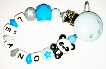 Schnullerkette Silikon *Pandabär skyblau-babyblau* mit Namen