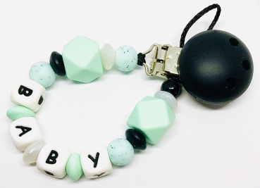 Schnullerkette Silikon *Hexagon schwarz-mint* mit Namen
