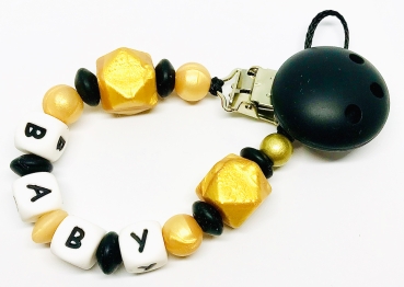 Schnullerkette Silikon *Hexagon schwarz-metallic gold* mit Namen