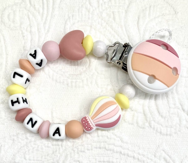 Schnullerkette Silikon *Heissluftballon & Herz blush-pfirsich* mit Namen