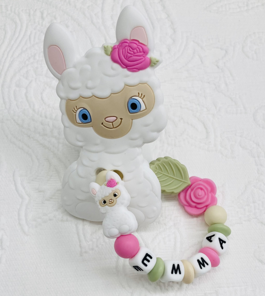 Greifling Silikon *Cutie Lama weiss mit Namen