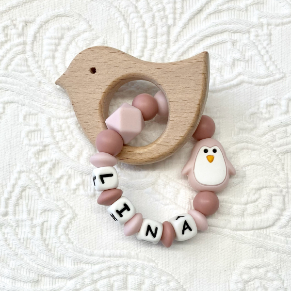Greifling Naturholz *Birdie pastellrosa-blush* mit/ ohne Namen