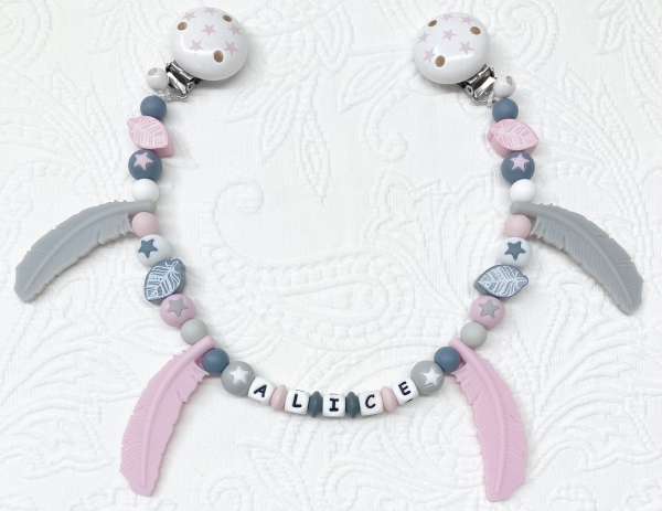 Wagenkette Silikon *Federn & Stars Pastellrosa-hellgrau* mit Namen