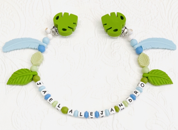Wagenkette Silikon *Blätter-Tropical army-skyblau* mit Namen