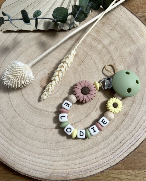 Schnullerkette Silikon *Flowers blush-pastellgelb* mit Namen