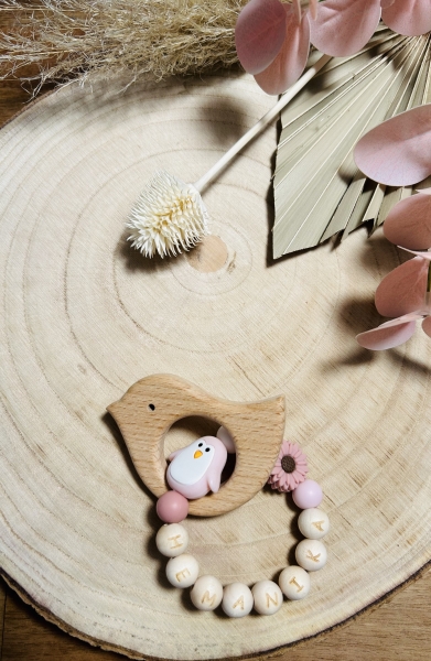 Greifling Naturholz *Birdie pastellrosa-blush* mit/ ohne Namen