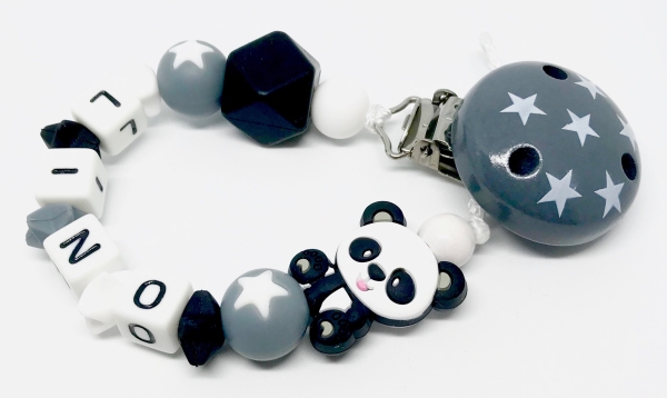 Schnullerkette Silikon *Panda & Stars grau-schwarz* mit Namen