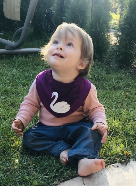Pippi Lätzli bedruckt purpur *Schwan weiss* mehrfarbig