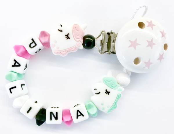 Schnullerkette Silikon *Einhorn Pastellrosa-mint* mit Namen