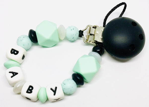 Schnullerkette Silikon *Hexagon schwarz-mint* mit Namen
