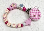 Schnullerkette Holz *Karo & Glitzersterne rosa-weiss* mit Namen