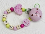 Schnullerkette Holz *It‘s a girl rosa-lemon* mit Namen