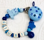 Schnullerkette Holz *Hippo & Sterne blau-babyblau* mit Namen