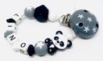 Schnullerkette Silikon *Panda & Stars grau-schwarz* mit Namen