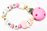 Schnullerkette Silikon *Sleepy Fox Pastellrosa-metallic weiss* mit Namen