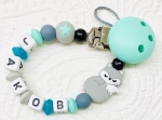 Schnullerkette Silikon *Sleepy Fox hellgrau-mint* mit Namen
